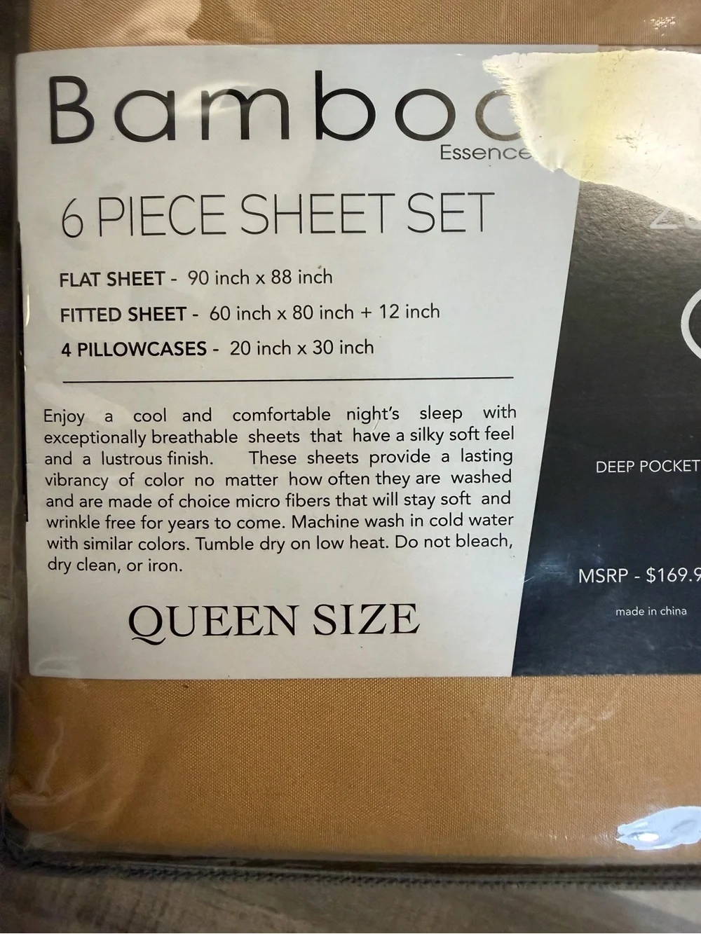 Golden Linen Bamboo Essence Queen 6-Piece Sheet Set Gold Deep Pocket New